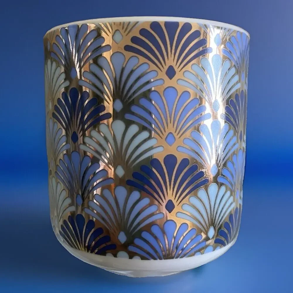 Set of Four Art Deco Brand Ceramic Espresso Cups Blues with Gold Trim and Tray